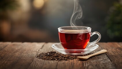 Black tea served in a glass with dried leaves, focusing on herbal beverage preparation for wellness