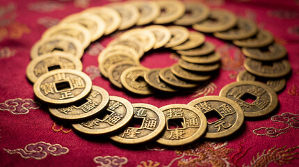 Bronze Chinese coins are arranged in a mesmerizing spiral on a red fabric adorned with auspicious cloud motifs, evoking a sense of ancient wealth and cultural heritage.