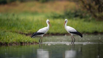 Obraz premium White stork perched on a branch, illustrating habitat preservation, World Wetlands Day