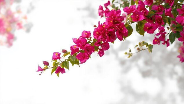 Close-up of magenta bougainvillea flowers on a white backdrop, ideal for botanical layout use