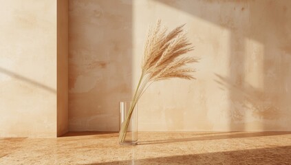 Decorative pampas grass in a glass vase placed on a wall background, used for interior styling, Earth Day