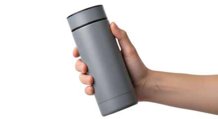 A hand holding a modern gray tumbler against a black background