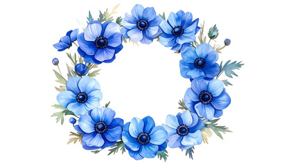 Watercolor illustration of a circular wreath made of vibrant blue flowers and foliage