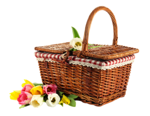 Traditional woven picnic basket with cloth and flowers isolated on white