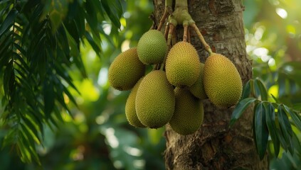 Vibrant green leaves and ripening jackfruits in different stages, highlighting natural fruit development and harvest readiness