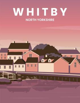 Panorama with a view of houses by the harbor. Travel poster vector illustration.