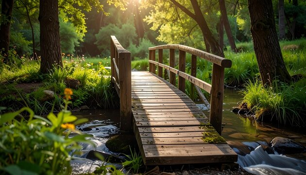 Wooden bridge over a small creek in a green forest, sun shining through trees, creating soft light