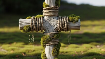 Wooden cross wrapped in rope and moss stands in grass, with blurred background