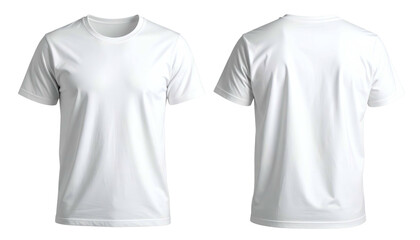 Front and back view of a plain white, short-sleeved t-shirt, showing fabric texture