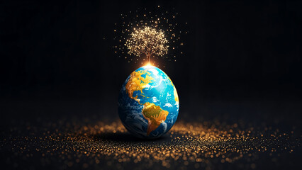 Earth-painted egg with a golden tree representing a Global renewal symbol for Easter.