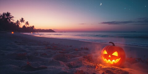 Beachside Halloween gathering featuring pumpkin lanterns, holiday observance