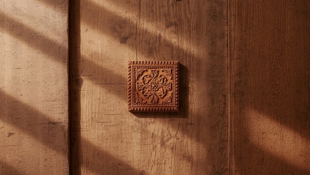 Rustic wooden background featuring mixed traditional wood block textile printing pattern, highlighting artisanal techniques