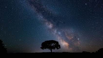 Silhouette of a tree against the Milky Way in Phitsanulok, long exposure night scene, Earth Day
