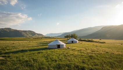 Traditional yurts in summer grasslands within scenic area of Xinjiang Uygur Autonomous Region, highlighting seasonal rural architecture