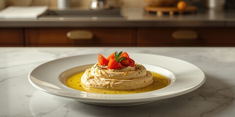 Hummus served on a white plate with olive oil, tomatoes, and herbs, suitable for menu layout.