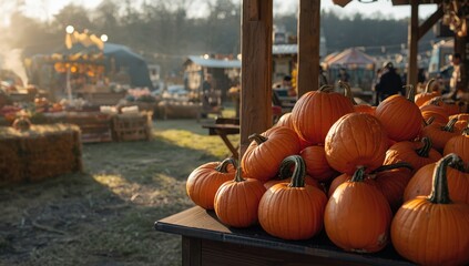 Pumpkins sitting on the countertop during a vegetable festival, autumn harvest