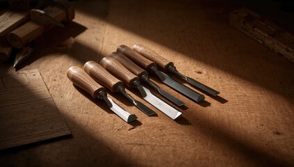 Wood carving chisels arranged on textured surface, manual craftsmanship and precision
