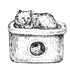 Cats sitting in indoor cat house, inside and on top, doodle black ink drawing, woodcut vector