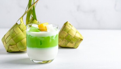 Layered green and white dessert with mango, traditional woven baskets in background