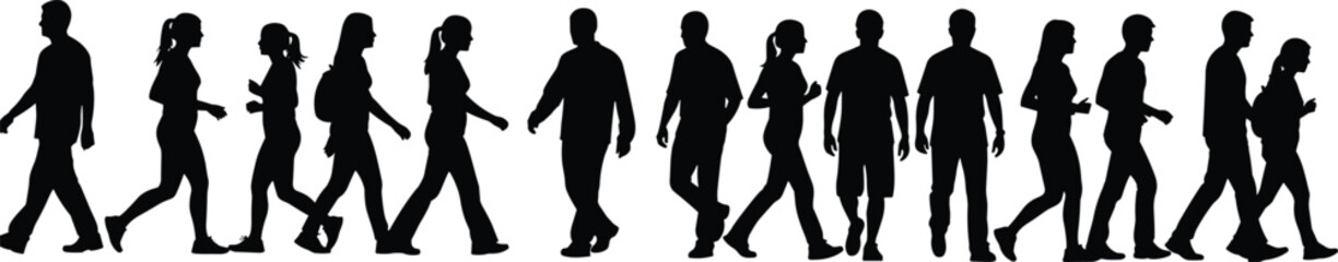 Walking people silhouette vector illustration, diverse men women casual clothing artwork, human character design collection, black and white motion figure set