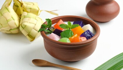 Colorful Traditional Dessert in Clay Bowl with Woven Paku