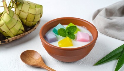 Colorful Indonesian Dessert in Coconut Milk with Pandan Leaf