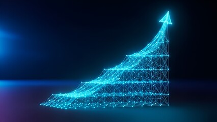 Abstract glowing blue futuristic graph with upward arrow symbolizing growth and success on a dark background