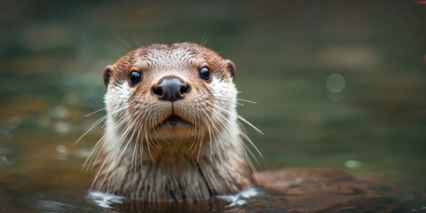 Close-up of an otter's face curiosity and friendliness, focusing on facial expression and eye detail