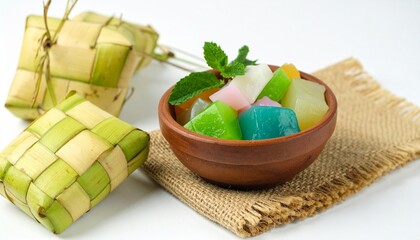 Colorful traditional Indonesian desserts in a bowl with pandan packages