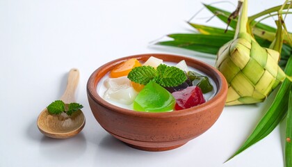 Colorful traditional dessert in clay bowl with wooden spoon and pandan leaves
