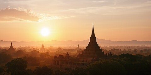 Early morning light illuminating a lone pagoda in Bagan, Myanmar, with a focus on architectural preservation