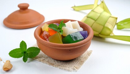 Colorful fruit jelly desserts in clay bowl with traditional food