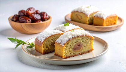 Coconut-topped date-filled cakes with dates in wooden bowl and mint