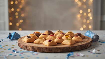 Bakery case featuring Hamantaschen cookies, a staple for Purim celebrations, showcasing seasonal pastries