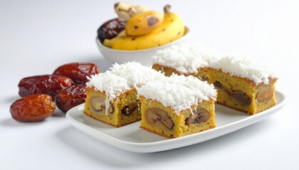Delicious banana coconut cakes with dates on white background