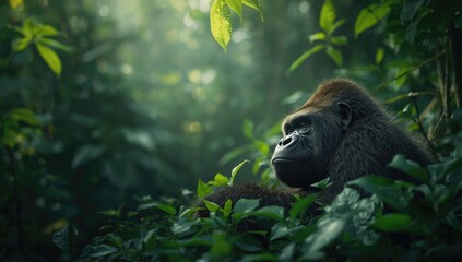 Elderly gorilla sleeping amid thick greenery, highlighting wildlife preservation
