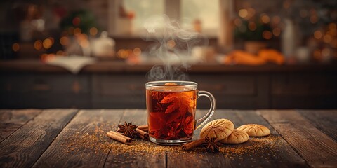 Warm mulled apple cider with spices and cookies, festive drink for cold weather, World Malaria Day