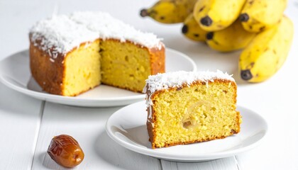 Delicious homemade banana coconut cake with a slice on a white plate, fresh bananas and a date in the background, perfect for dessert or snack.