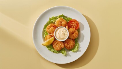 Tempura shrimp with tartar sauce resting on a bed of lettuce, highlighting a seafood dish with a focus on presentation and freshness