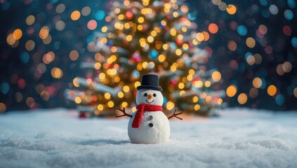 Snowman teddy positioned before a decorated Christmas tree with lights and bokeh, festive display, winter holiday