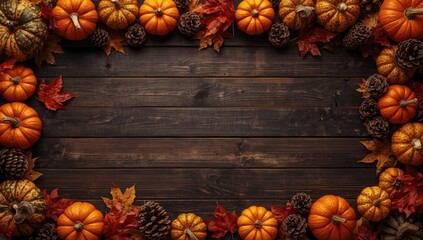 Overhead view of a rustic dark wood banner with pumpkins and fall decorations, seasonal decor setting