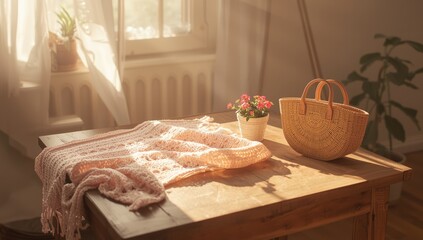 DIY crochet blanket and small flower pot on rustic wooden surface, soft window light, relaxed workspace, Earth Day