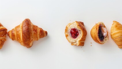 French pastry with fruit filling, whole and halved on white background, suitable for bakery marketing or menu presentation