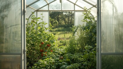 Vegetable seedlings thriving inside a greenhouse featuring honeycomb polycarbonate roofing, protected growth