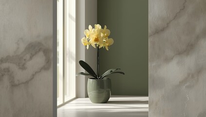 Bright yellow orchid housed in plastic container illuminated by sunlight through a window, focusing on indoor plant growth