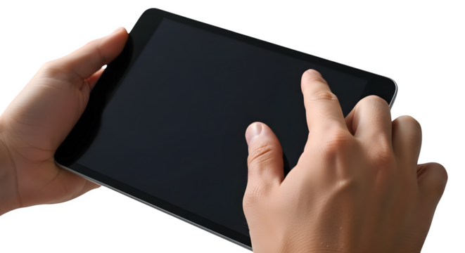 A person holding a tablet with their fingers on the screen against a black background - Powered by Adobe