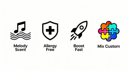 Melody aroma, anti allergy and other elements represent the fragrance function of rapid efficiency enhancement and customized blending, suitable for fragrance promotional materials.
