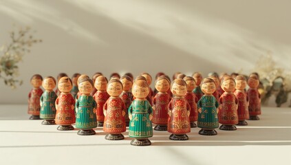 Handcrafted wooden figurines displayed in a vibrant arrangement, highlighting artisanal skills and creativity, International Handmade Day