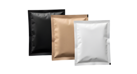 Three shiny metallic pouches in black, gold, and silver on a dark background