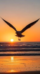 Naklejka premium Seagull Soaring Above Ocean Waves During Sunset.